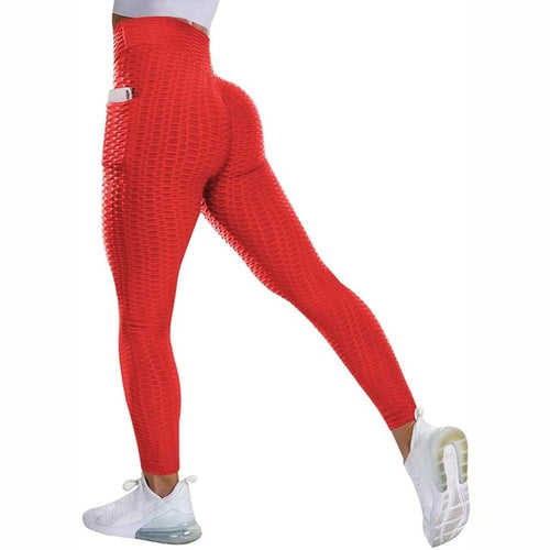 Leggings - Textured High Rise Leggings - Red With Pockets - Red With Pockets / S - stylesbyshauntell